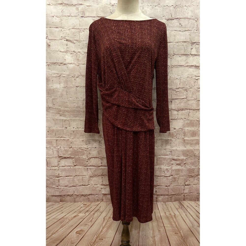 Talbots Dress Womens L Red Multicolor Ruched Waist 3/4 Sleeve Knit Boat Neck NEW